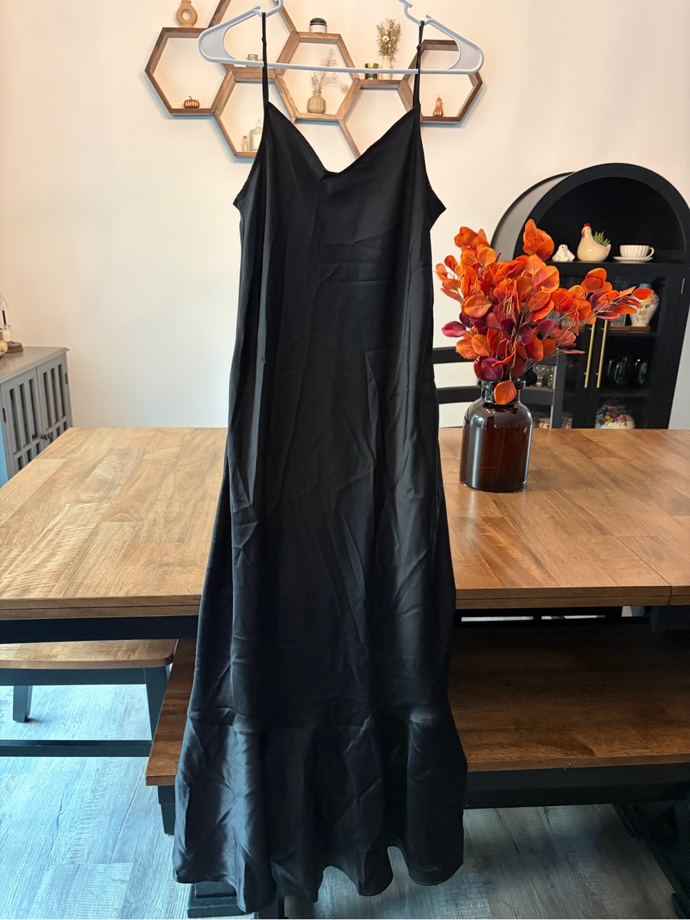 Black Satin Maxi Slip Dress with Flounce Hem